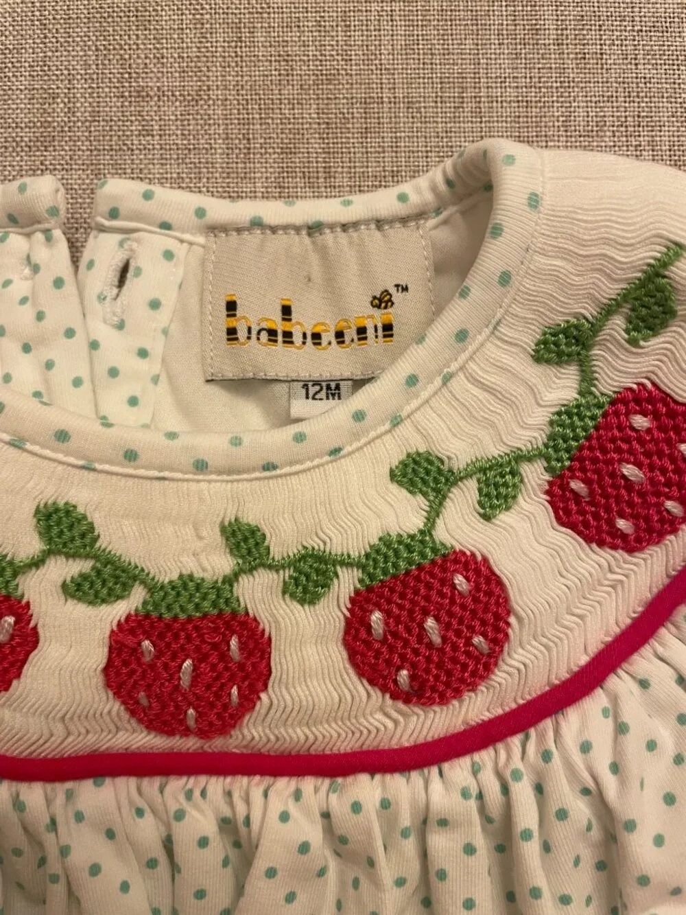 Babeeni Smocked Strawberry Flutter Sleeve Dot Bubble Size 12 Months NWOT